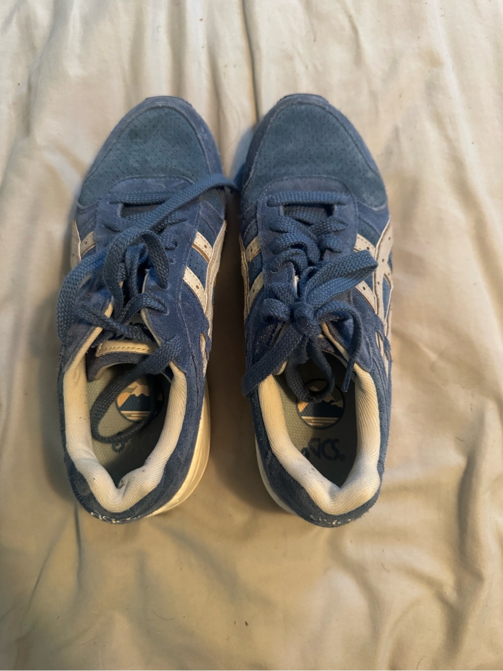 Asics Blue Suede Sneakers with White Stripes